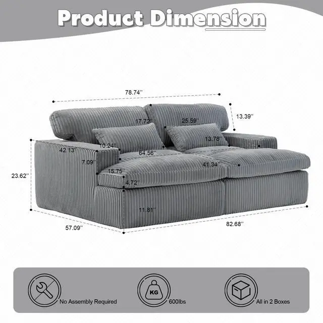 Alt view image 3 of 7 - Double Chaise Lounge Chair Indoor,Oversized Upholstered Sleeper Cloud Couch,Deep Seat Luxury Sofa Bed,Sectional Sofa Chaise Love-seat,Corduroy Reading Chair for Living Room,No Assembly Required,Grey