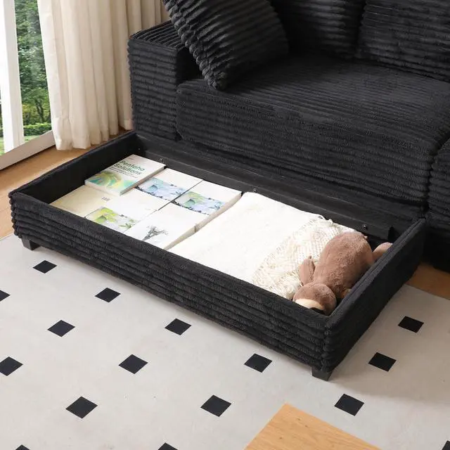 Alt view image 3 of 5 - 108.6" Sectional Sofa, Thickened Corduroy Sectional Couches For Living Room,comfortable L-shaped Chaise Sectional Sofa With Storage Ottoman,Eight Throw Pillows,Black