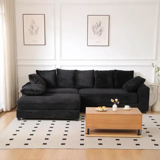 Alt view image 2 of 5 - 108.6" Sectional Sofa, Thickened Corduroy Sectional Couches For Living Room,comfortable L-shaped Chaise Sectional Sofa With Storage Ottoman,Eight Throw Pillows,Black