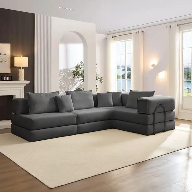 Alt view image 4 of 4 - Oversized Upholstered Sectional Sofa Couch Set,Modular 118.2" L Shaped Floor Living Room Sofa Set With 6 Pillows,DIY Combination Sofa Couch for living rooms, apartments,bedrooms,Dark Grey