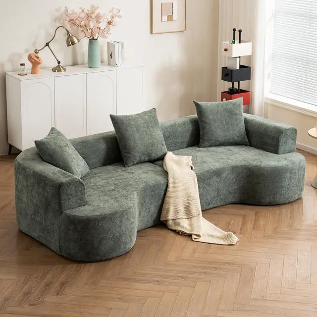 Alt view image 2 of 7 - Modern style curved sofa, soft corduroy sofa with 3 pillows, living room milky white ultra smooth curved fabric sofa in Green