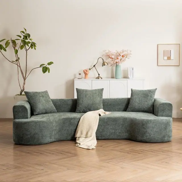 Main image of Modern style curved sofa, soft corduroy sofa with 3 pillows, living room milky white ultra smooth curved fabric sofa in Green