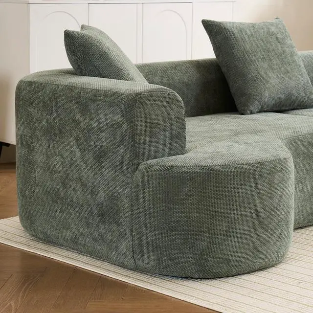 Alt view image 3 of 7 - Modern style curved sofa, soft corduroy sofa with 3 pillows, living room milky white ultra smooth curved fabric sofa in Green