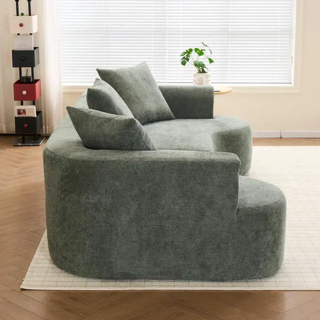Alt view image 4 of 7 - Modern style curved sofa, soft corduroy sofa with 3 pillows, living room milky white ultra smooth curved fabric sofa in Green
