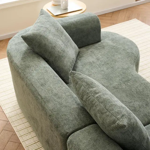 Alt view image 6 of 7 - Modern style curved sofa, soft corduroy sofa with 3 pillows, living room milky white ultra smooth curved fabric sofa in Green