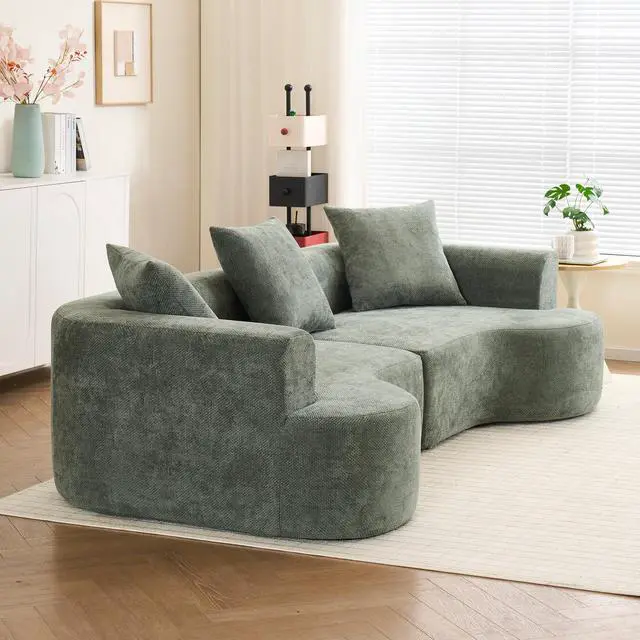 Alt view image 7 of 7 - Modern style curved sofa, soft corduroy sofa with 3 pillows, living room milky white ultra smooth curved fabric sofa in Green