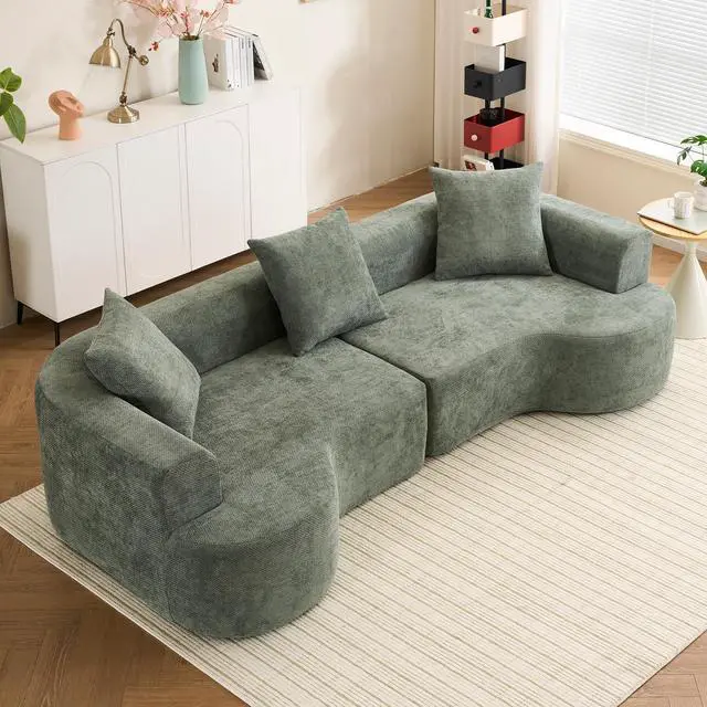 Alt view image 5 of 7 - Modern style curved sofa, soft corduroy sofa with 3 pillows, living room milky white ultra smooth curved fabric sofa in Green