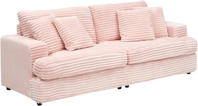 Alt view image 3 of 3 - 79.3 inches long,  Corduroy Sofa, with 4 Matching Toss Pillows Sleek Design Spacious and Comfortable 3 Seater Couch for Modern Living Room,PINK