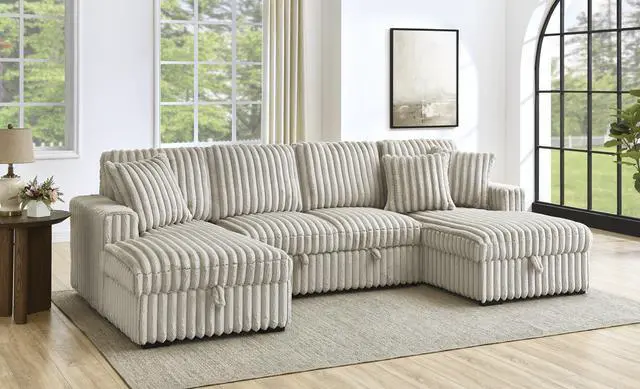 Alt view image 2 of 4 - U Shaped Sleeper Sofa, 122 inch Overisze - 2 in 1 Pull Out Bed, Sectional Sleeper Sofa with Double Storage Chaise for Living Room, Rabbit plush Corduroy Fabric Couch, Khaki