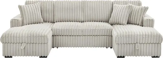 Alt view image 4 of 4 - U Shaped Sleeper Sofa, 122 inch Overisze - 2 in 1 Pull Out Bed, Sectional Sleeper Sofa with Double Storage Chaise for Living Room, Rabbit plush Corduroy Fabric Couch, Khaki