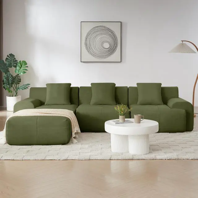 Alt view image 6 of 7 - 113" Modern L-Shaped Modular Sectional Sofa for Living Room, Corduroy Upholstery Green, Oversized 3-Seater Couch with Deep Seat and Movable Ottoman  No Assembly