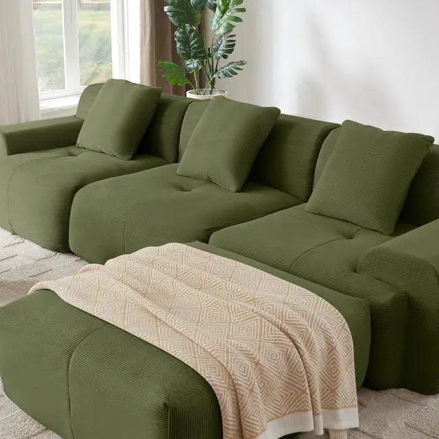 Alt view image 4 of 7 - 113" Modern L-Shaped Modular Sectional Sofa for Living Room, Corduroy Upholstery Green, Oversized 3-Seater Couch with Deep Seat and Movable Ottoman  No Assembly
