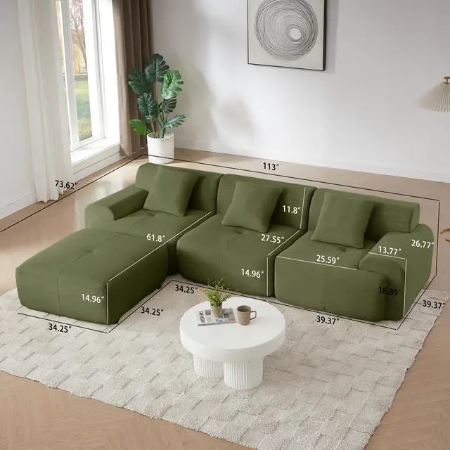 Alt view image 2 of 7 - 113" Modern L-Shaped Modular Sectional Sofa for Living Room, Corduroy Upholstery Green, Oversized 3-Seater Couch with Deep Seat and Movable Ottoman  No Assembly
