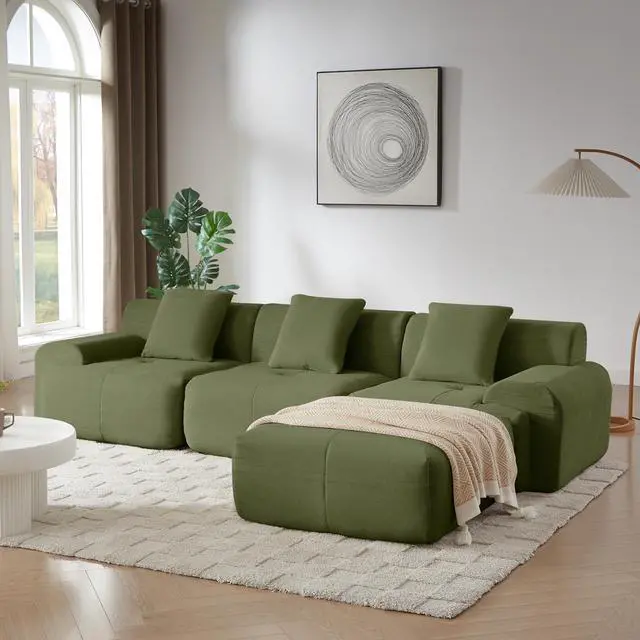 Main image of 113" Modern L-Shaped Modular Sectional Sofa for Living Room, Corduroy Upholstery Green, Oversized 3-Seater Couch with Deep Seat and Movable Ottoman  No Assembly