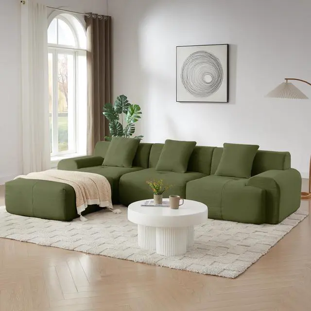 Alt view image 3 of 7 - 113" Modern L-Shaped Modular Sectional Sofa for Living Room, Corduroy Upholstery Green, Oversized 3-Seater Couch with Deep Seat and Movable Ottoman  No Assembly