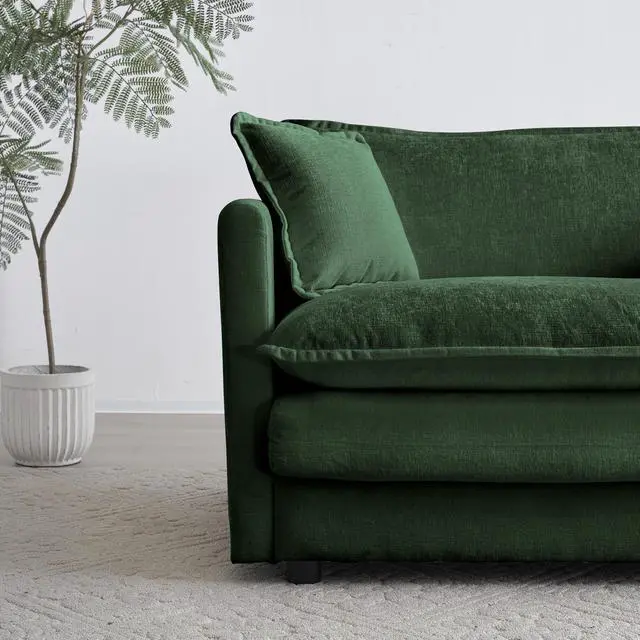 Alt view image 6 of 7 - Mid-Century Modern Couch 3-Seater Sofa with 2 Armrest Pillows and 3 Toss Pillows, Couch for Living Room Green Chenille
