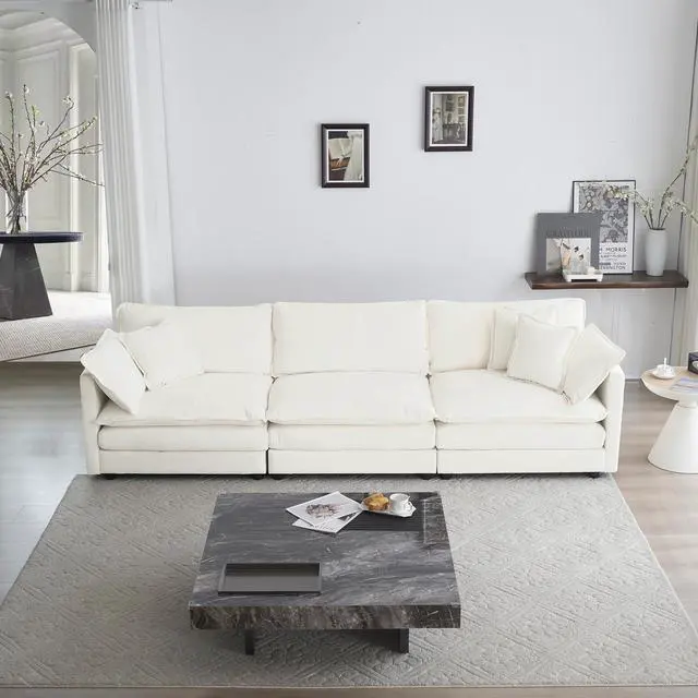 Main image of Mid-Century Modern Couch 3-Seater Sofa with 2 Armrest Pillows and 3 Toss Pillows, Couch for Living Room White Chenille