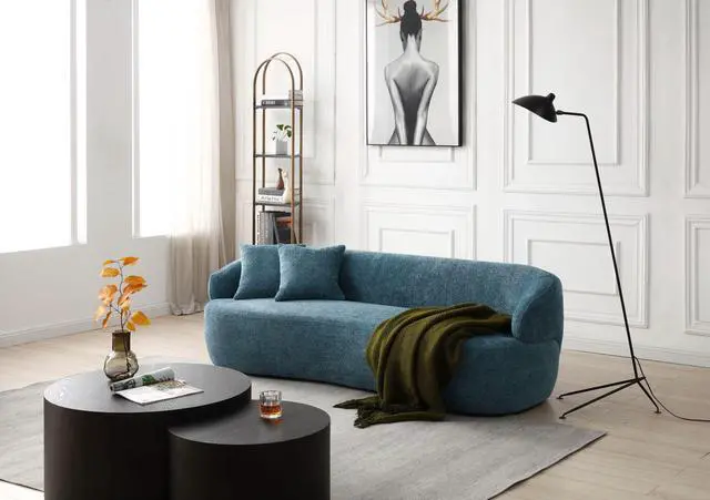 Alt view image 3 of 4 - Blue Mid Century Modern Curved Sofa, 3 Seat Cloud couch Boucle sofa Fabric Couch for Living Room, Bedroom, Office