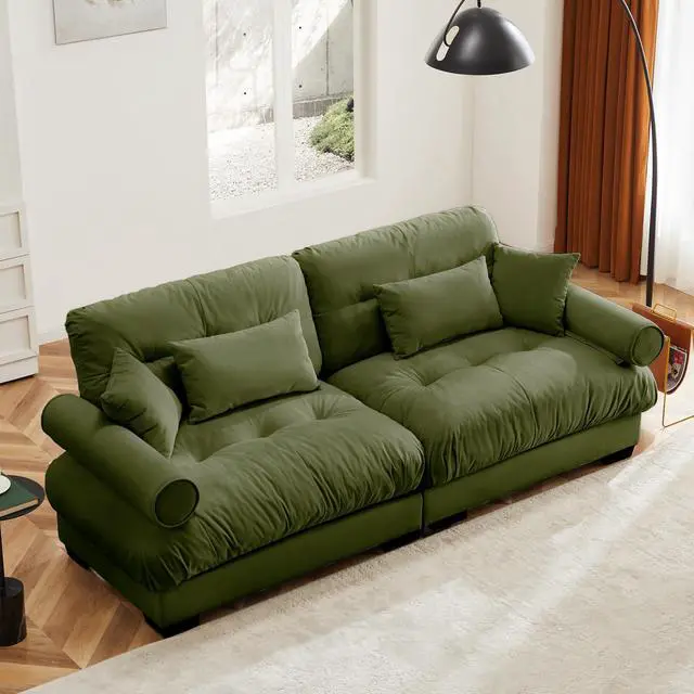 Main image of Large Size Modern Two-seater Sofa with Bolstered Armrests,Velvet 2-Seater Sofa With Waist Pillows and Throw Pillows , Suitable for Living Room , Loft, Working Spaces , Hallway and Bedroom,Olive green