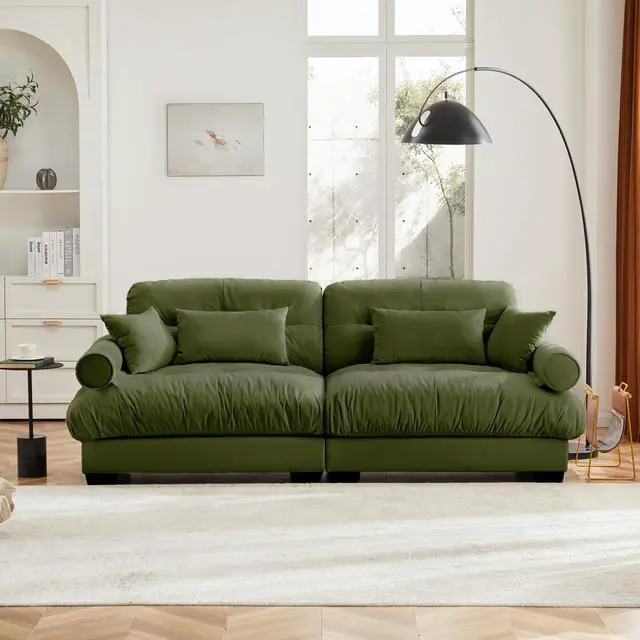 Alt view image 3 of 7 - Large Size Modern Two-seater Sofa with Bolstered Armrests,Velvet 2-Seater Sofa With Waist Pillows and Throw Pillows , Suitable for Living Room , Loft, Working Spaces , Hallway and Bedroom,Olive green