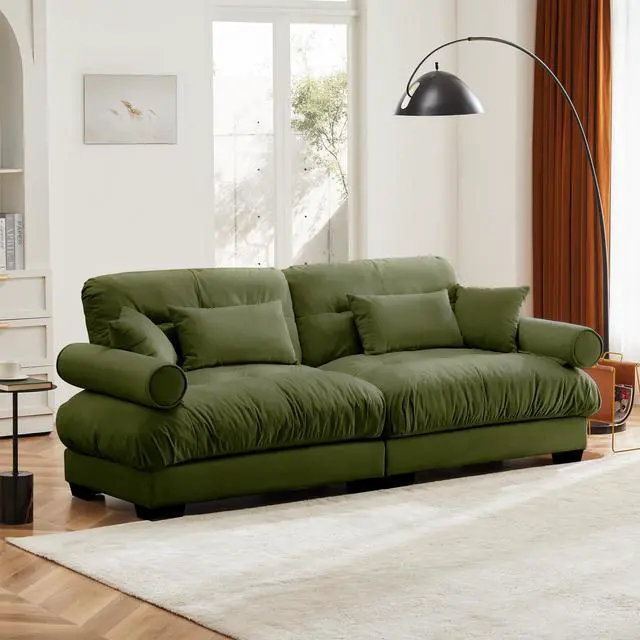 Alt view image 2 of 7 - Large Size Modern Two-seater Sofa with Bolstered Armrests,Velvet 2-Seater Sofa With Waist Pillows and Throw Pillows , Suitable for Living Room , Loft, Working Spaces , Hallway and Bedroom,Olive green
