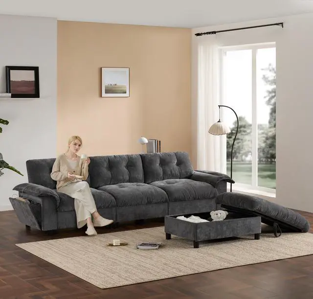 Main image of [VIDEO]104*60" Sectional Sofa, L-Shape with Multifunctional Armrest, Dual-Port Charging, Cup Holder, Side Storage Pockets, Movable Storage Ottoman, Unique Tufted Design, Soft Cushion, Chenille,3colors