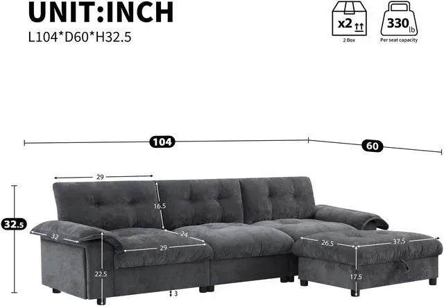 Alt view image 2 of 7 - [VIDEO]104*60" Sectional Sofa, L-Shape with Multifunctional Armrest, Dual-Port Charging, Cup Holder, Side Storage Pockets, Movable Storage Ottoman, Unique Tufted Design, Soft Cushion, Chenille,3colors