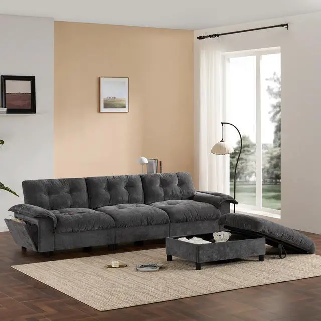 Alt view image 4 of 7 - [VIDEO]104*60" Sectional Sofa, L-Shape with Multifunctional Armrest, Dual-Port Charging, Cup Holder, Side Storage Pockets, Movable Storage Ottoman, Unique Tufted Design, Soft Cushion, Chenille,3colors