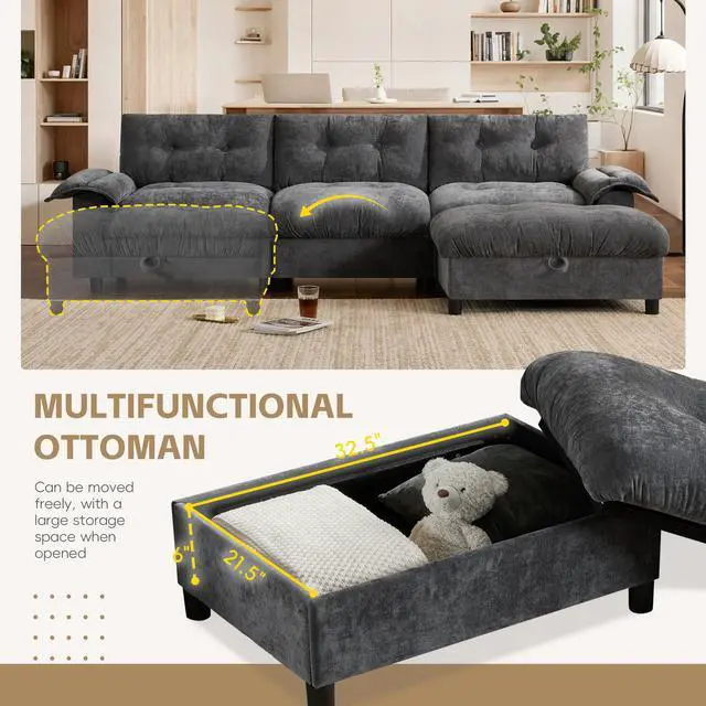 Alt view image 6 of 7 - [VIDEO]104*60" Sectional Sofa, L-Shape with Multifunctional Armrest, Dual-Port Charging, Cup Holder, Side Storage Pockets, Movable Storage Ottoman, Unique Tufted Design, Soft Cushion, Chenille,3colors