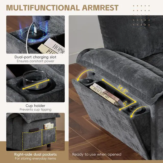 Alt view image 5 of 7 - [VIDEO]104*60" Sectional Sofa, L-Shape with Multifunctional Armrest, Dual-Port Charging, Cup Holder, Side Storage Pockets, Movable Storage Ottoman, Unique Tufted Design, Soft Cushion, Chenille,3colors