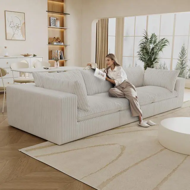 Alt view image 3 of 7 - 118.2" Cloud Sofa,Corduroy Fabric,Deep Seat Couches,Double-layer design,Removable  Cushion,No Assembly, DIY Combination for Living room, Bedroom,Conference room ,Apartment,White