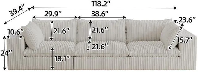 Alt view image 5 of 7 - 118.2" Cloud Sofa,Corduroy Fabric,Deep Seat Couches,Double-layer design,Removable  Cushion,No Assembly, DIY Combination for Living room, Bedroom,Conference room ,Apartment,White