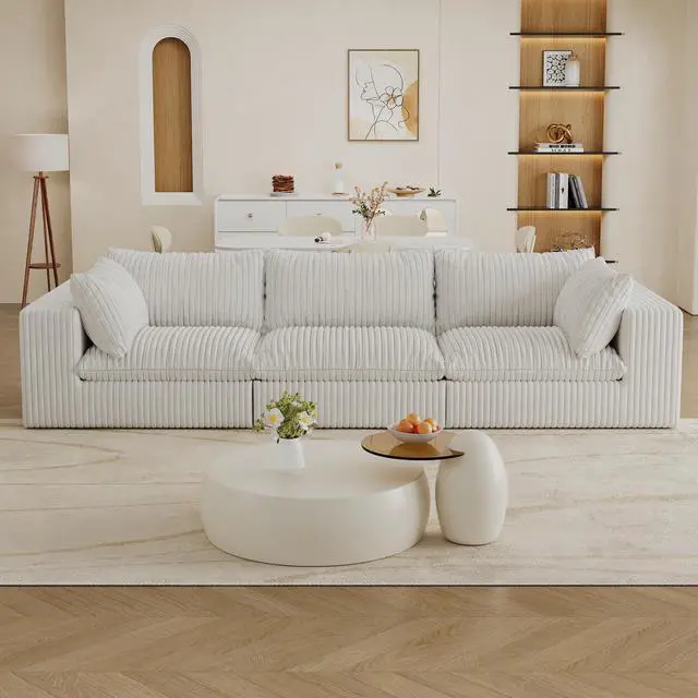 Alt view image 6 of 7 - 118.2" Cloud Sofa,Corduroy Fabric,Deep Seat Couches,Double-layer design,Removable  Cushion,No Assembly, DIY Combination for Living room, Bedroom,Conference room ,Apartment,White