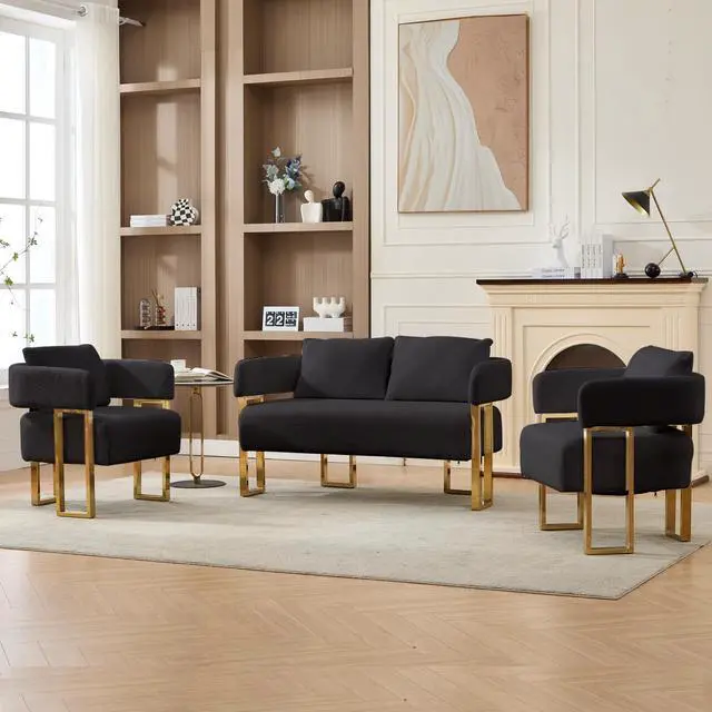 Alt view image 7 of 7 - TS Modern decorative chair, living room side chair with gold metal legs, no wheels, suitable for dressing area, reception room, office,Teddy fleece upholstered metal foot sofas Black