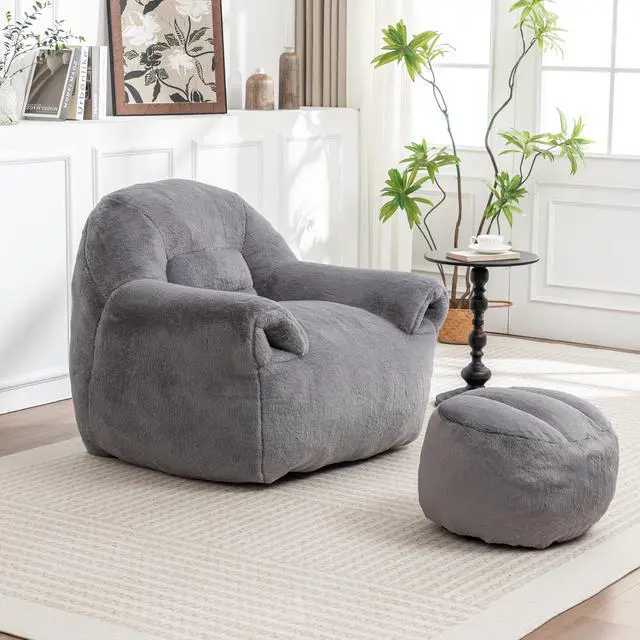Alt view image 2 of 7 - Bean Bag Chair, Comfy Bean Bag Sofa with Back Support, With Footstool,Faux Fur Bean Bag Chair for Adults and Kids, Stuffed Floor Sofa for Living Room, Bedroom, Apartment, Grey