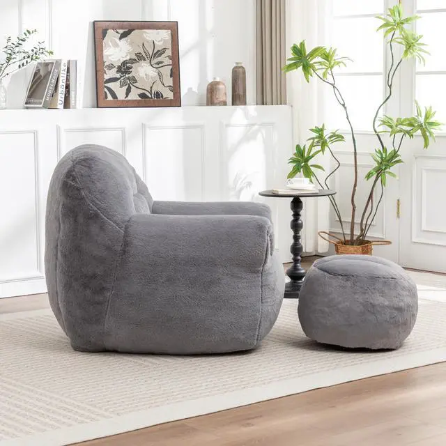 Alt view image 3 of 7 - Bean Bag Chair, Comfy Bean Bag Sofa with Back Support, With Footstool,Faux Fur Bean Bag Chair for Adults and Kids, Stuffed Floor Sofa for Living Room, Bedroom, Apartment, Grey