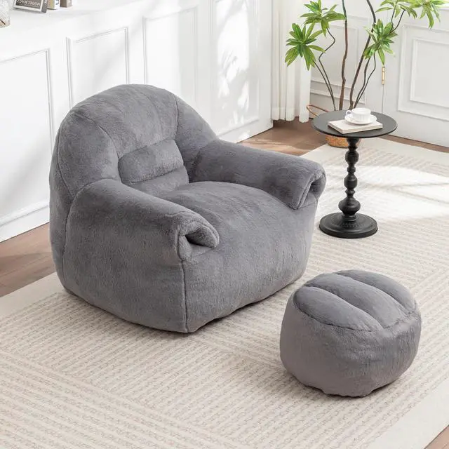 Alt view image 6 of 7 - Bean Bag Chair, Comfy Bean Bag Sofa with Back Support, With Footstool,Faux Fur Bean Bag Chair for Adults and Kids, Stuffed Floor Sofa for Living Room, Bedroom, Apartment, Grey