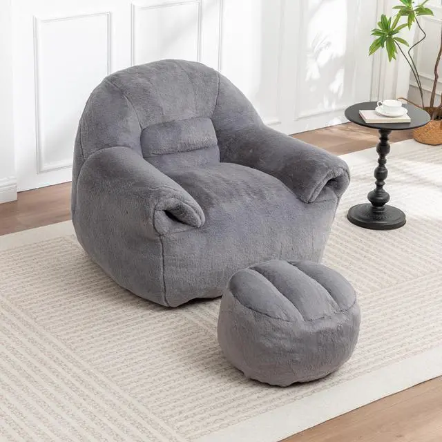 Alt view image 5 of 7 - Bean Bag Chair, Comfy Bean Bag Sofa with Back Support, With Footstool,Faux Fur Bean Bag Chair for Adults and Kids, Stuffed Floor Sofa for Living Room, Bedroom, Apartment, Grey