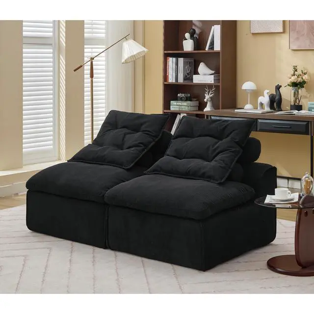 Alt view image 3 of 7 - [NEW ARRIVED] [VIDEO PROVIDED]Modular Sofa,No Armrests,At will DIY,Soft Corduroy Fabric,Neck Pillow-Back Lounge Sofa Chair,Reading Nook, or Apartment Living, Lumbar Pillow,2 Seats,Upholstered,Black