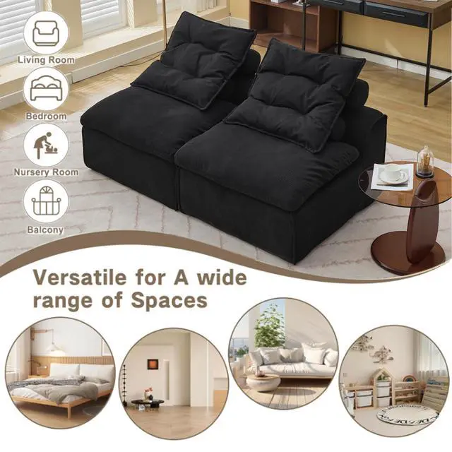 Alt view image 4 of 7 - [NEW ARRIVED] [VIDEO PROVIDED]Modular Sofa,No Armrests,At will DIY,Soft Corduroy Fabric,Neck Pillow-Back Lounge Sofa Chair,Reading Nook, or Apartment Living, Lumbar Pillow,2 Seats,Upholstered,Black
