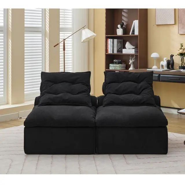 Alt view image 5 of 7 - [NEW ARRIVED] [VIDEO PROVIDED]Modular Sofa,No Armrests,At will DIY,Soft Corduroy Fabric,Neck Pillow-Back Lounge Sofa Chair,Reading Nook, or Apartment Living, Lumbar Pillow,2 Seats,Upholstered,Black