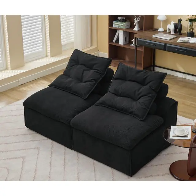 Alt view image 6 of 7 - [NEW ARRIVED] [VIDEO PROVIDED]Modular Sofa,No Armrests,At will DIY,Soft Corduroy Fabric,Neck Pillow-Back Lounge Sofa Chair,Reading Nook, or Apartment Living, Lumbar Pillow,2 Seats,Upholstered,Black