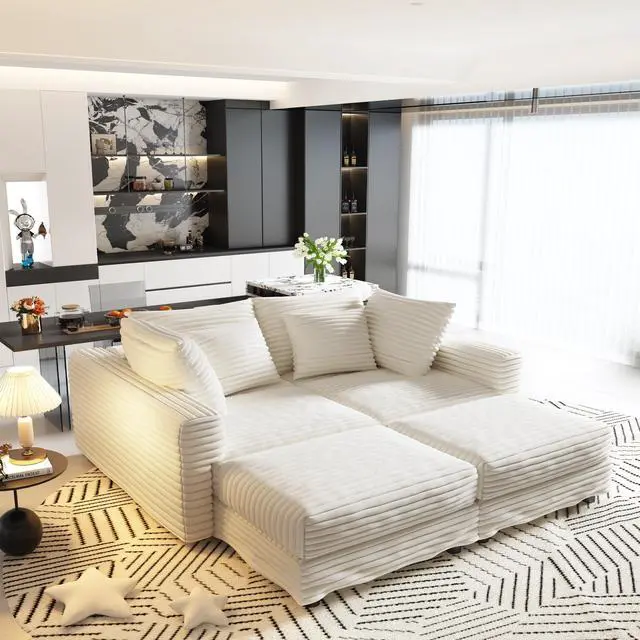 Alt view image 2 of 7 - 102.4 "Plush Corduroy 4-Seat Sofa,Modern Comfy Upholstered Sofa Cloud Couch,Deep Seat Couches with Soft Pillows and 2 Ottomans,Convertible Sofa Lounge Chair,for Living Room,Apartment,Beige/White