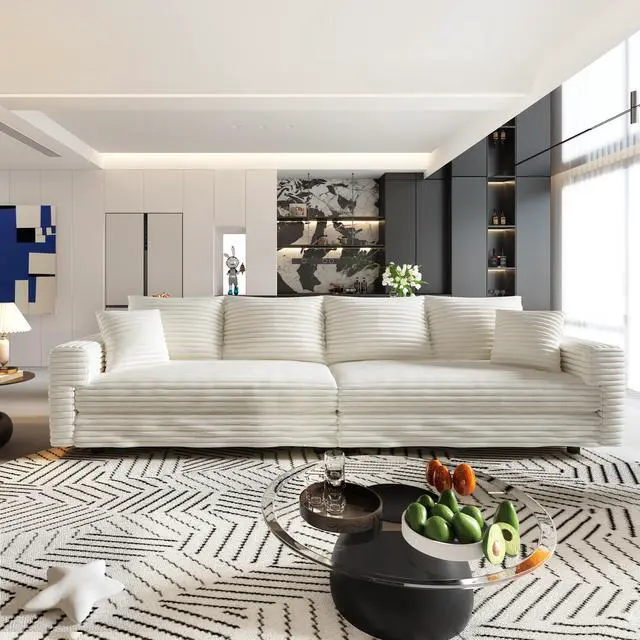 Alt view image 7 of 7 - 102.4 "Plush Corduroy 4-Seat Sofa,Modern Comfy Upholstered Sofa Cloud Couch,Deep Seat Couches with Soft Pillows and 2 Ottomans,Convertible Sofa Lounge Chair,for Living Room,Apartment,Beige/White