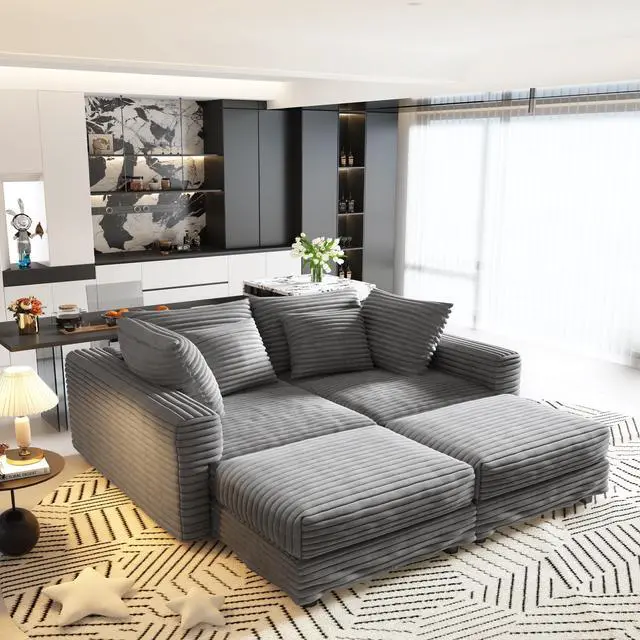 Alt view image 2 of 7 - 102.4 "Plush Corduroy 4-Seat Sofa,Modern Comfy Upholstered Sofa Cloud Couch,Deep Seat Couches with Soft Pillows and 3 Ottomans,Convertible Sofa Lounge Chair,for Living Room,Apartment,Office,Grey