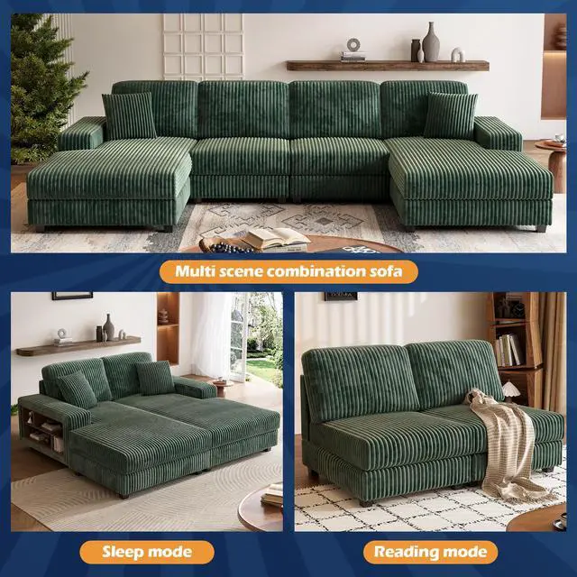 Alt view image 2 of 4 - Convertible U-shaped Combination Sofa, Corduroy Fabric, Modern Comfortable Large Size 4 Seat Sofa, Living Room Double Lounge Chair ,Green