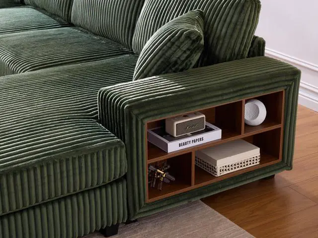 Alt view image 3 of 4 - Convertible U-shaped Combination Sofa, Corduroy Fabric, Modern Comfortable Large Size 4 Seat Sofa, Living Room Double Lounge Chair ,Green