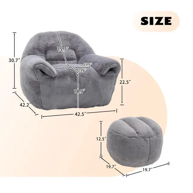 Alt view image 4 of 7 - Bean Bag Chair, Comfy Bean Bag Sofa with Back Support, With Footstool,Faux Fur Bean Bag Chair for Adults and Kids, Stuffed Floor Sofa for Living Room, Bedroom, Apartment, Grey