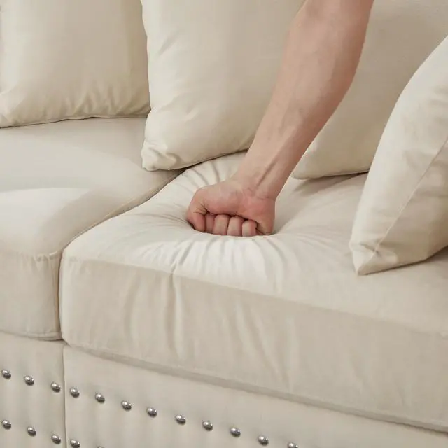 Alt view image 5 of 7 - Modern Design Living Room Sofa Square armrest with Silver Nails Decoration Upholstered Velvet Couch Apricot