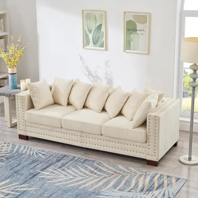 Alt view image 2 of 7 - Modern Design Living Room Sofa Square armrest with Silver Nails Decoration Upholstered Velvet Couch Apricot